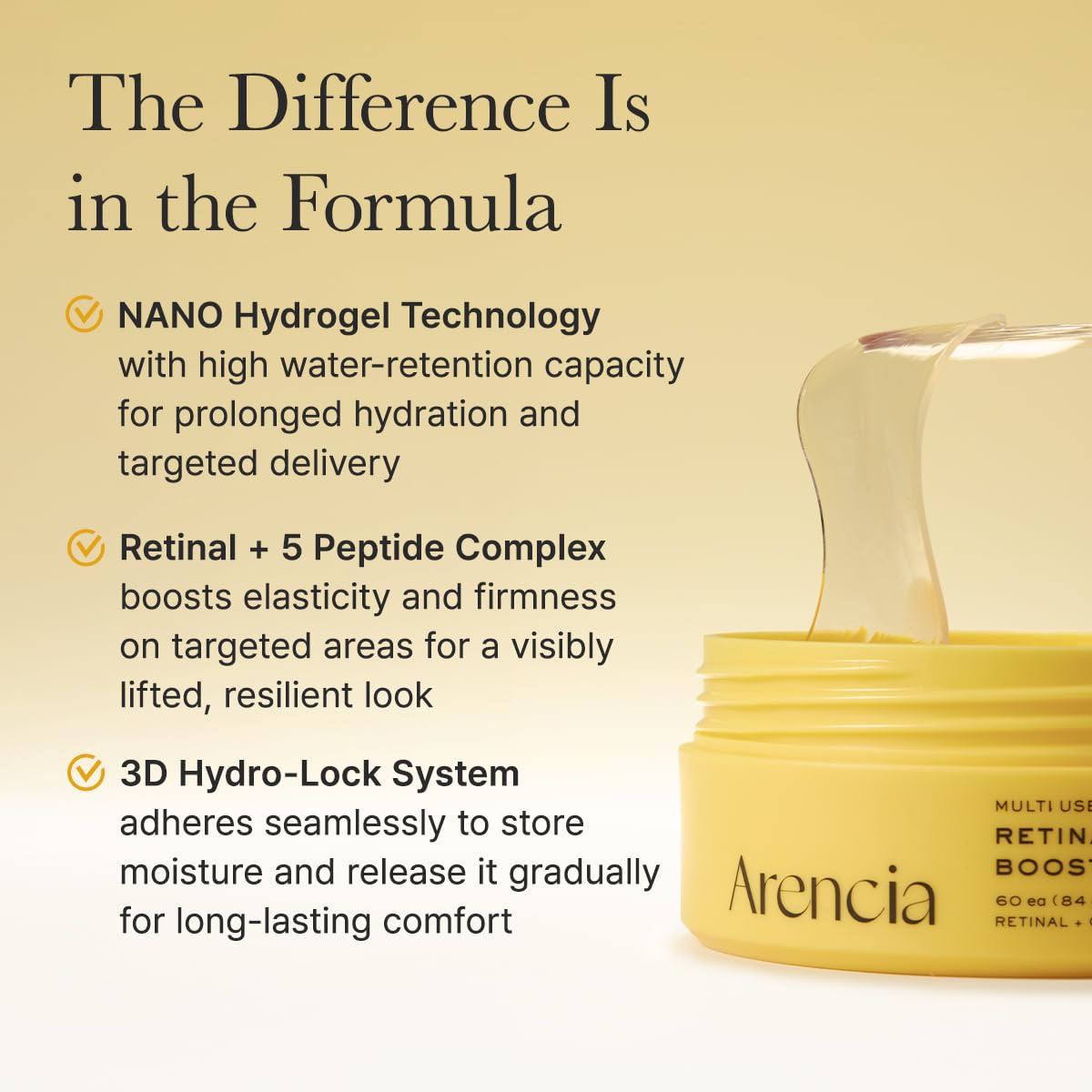 ARENCIA Retinal Boosting Eye Patch, Hydrogel Under Eye Mask with Peptides for Dark Circles, Puffiness, Fine Lines, 60 Patches