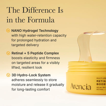 ARENCIA Retinal Boosting Eye Patch, Hydrogel Under Eye Mask with Peptides for Dark Circles, Puffiness, Fine Lines, 60 Patches