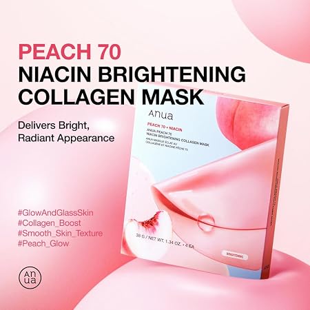 ANUA Peach 70 Niacin Brightening Collagen Mask, 1.34 fl.oz/4ea | Overnight Face Mask for Glass Skin, Niacinamide, Elasticity, Even Skin Tone, Natural Color, Korean Skincare