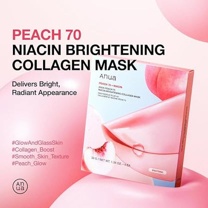 ANUA Peach 70 Niacin Brightening Collagen Mask, 1.34 fl.oz/4ea | Overnight Face Mask for Glass Skin, Niacinamide, Elasticity, Even Skin Tone, Natural Color, Korean Skincare