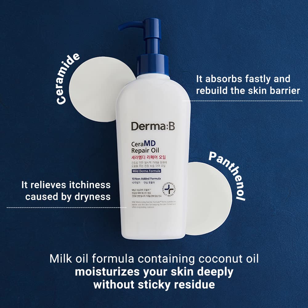 Derma B CeraMD Repair Oil, Unscented Fragrance Free Lightweight Fast Absorbing Soften Moisturizing Body Oil with Coconut Oil Milky Formula for Dry Sensitive Itchy Skin without Greasy