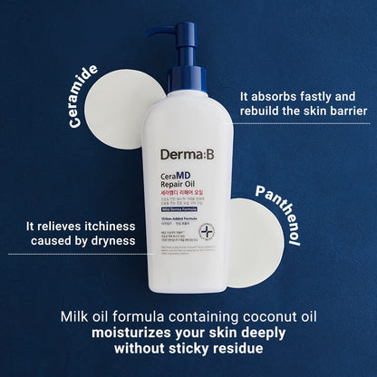Derma B CeraMD Repair Oil, Unscented Fragrance Free Lightweight Fast Absorbing Soften Moisturizing Body Oil with Coconut Oil Milky Formula for Dry Sensitive Itchy Skin without Greasy