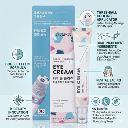 Glamfox Retinol + Collagen Eye Cream – K-Beauty Anti-Aging Under Eye Cream with 3-Ball Cooling Roller Applicator for Appearance of Wrinkles, Dark Circles & Puffiness