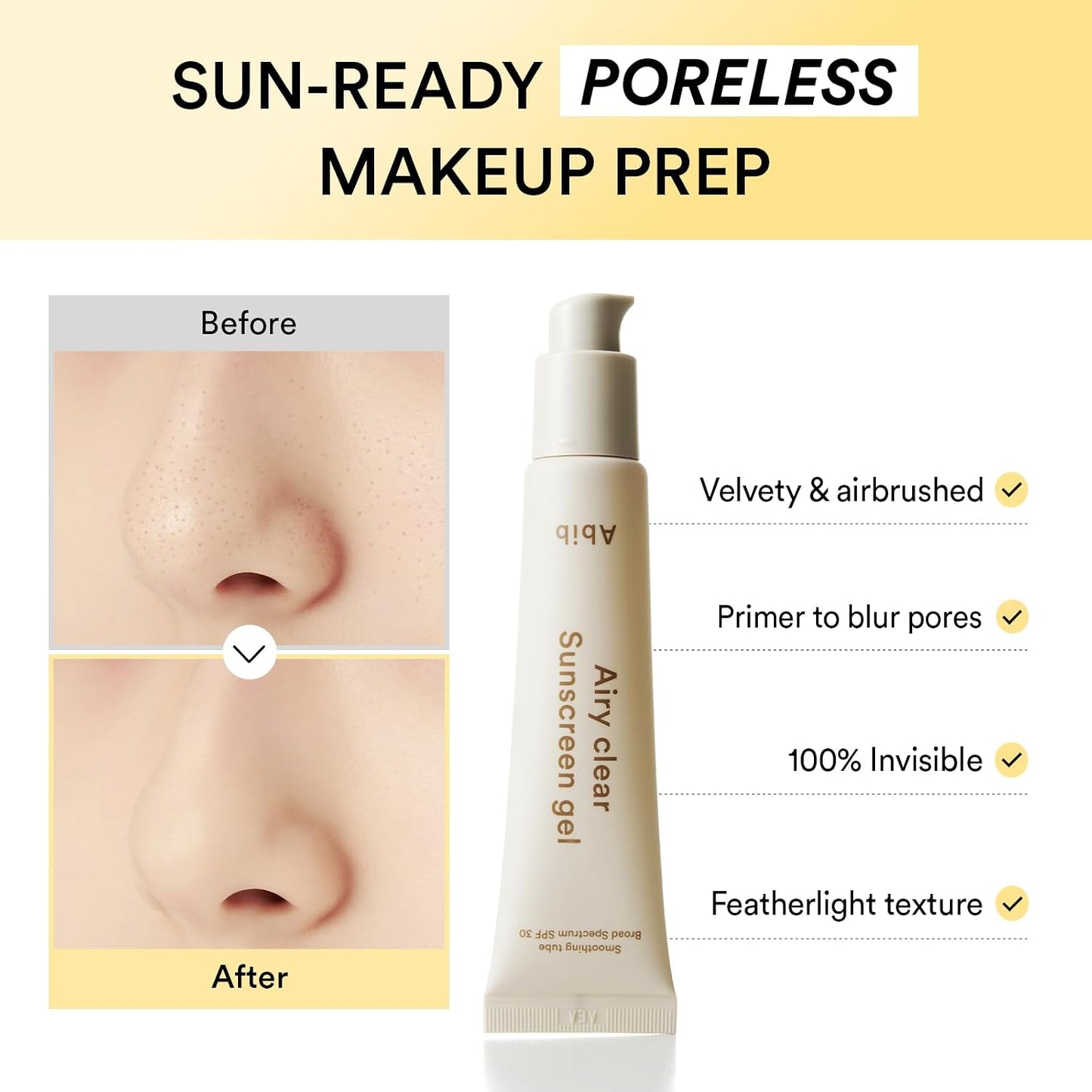 Abib Airy Clear Sunscreen Gel SPF 30, Semi-matte, Pore-smoothing Primer with SPF, Korean Suncreen with No White Cast, Suncare, Skincare