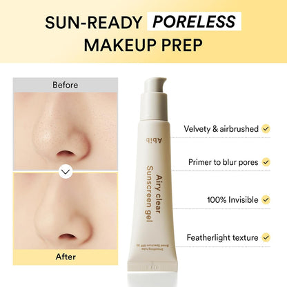 Abib Airy Clear Sunscreen Gel SPF 30, Semi-matte, Pore-smoothing Primer with SPF, Korean Suncreen with No White Cast, Suncare, Skincare