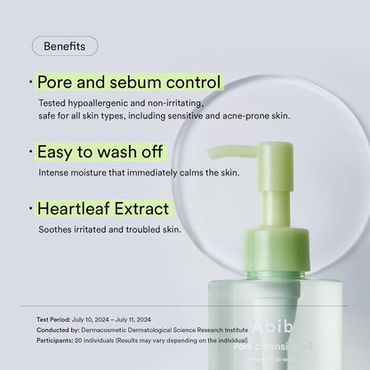 Abib Pore Cleansing Oil Heartleaf Oil-Wash - Formulated with heartleaf extract effectively removes makeup, sunscreen, and impurities while maintaining skin's natural moisture balance