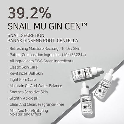 APLB Snail Mucin Ginseng Ampoule Serum - SNAIL MU GIN CEN - Ginseng stimulates collagen production, helping to improve skin elasticity and firmness. Witness the reduction of fine lines and wrinkles