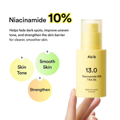 Abib Bright Force Serum 13.0 Pump, 10% Niacinamide + 3% TXA, Brightening Serum for Uneven Skin Tone, Hyperpigmentation, Glass Skin Glow, Korean Skincare