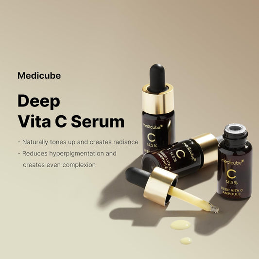MEDICUBE Deep Vita C Serum 2.0, Pure Vitamin C for Radiance & Glow, Helps Improve the Look of Uneven Skin Tone, Korean Skincare (10 g × 3 Bottles)