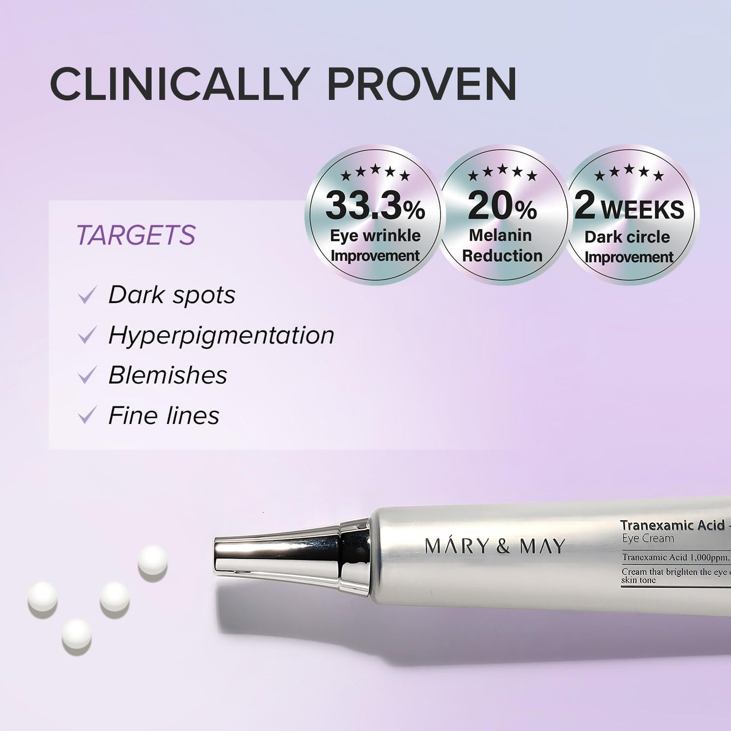 Mary&May Tranexamic Acid + Glutathione Eye Cream (30g) - Korean Skincare for Dark Circles & Uneven tone - Fragrance-Free Under Eye Cream for Dark Spots & Hyperpigmentation