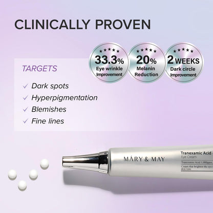 Mary&May Tranexamic Acid + Glutathione Eye Cream (30g) - Korean Skincare for Dark Circles & Uneven tone - Fragrance-Free Under Eye Cream for Dark Spots & Hyperpigmentation