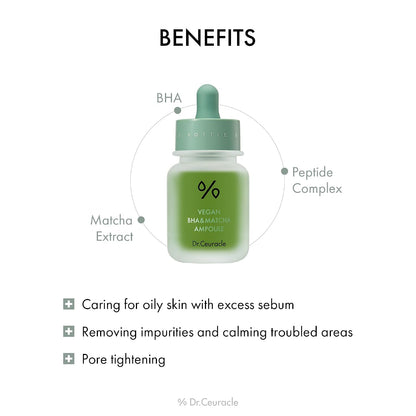 Dr.Ceuracle Vegan BHA & Matcha Ampoule - Gentle Exfoliating Facial Serum, Salicylic Acid for Pores and Sebum Treatment, Korean Skincare for Stocking Stuffers