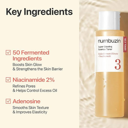 numbuzin No.3 Super Glowing Essence Toner - Fermented Toner for Skin Glow & Texture, Bifida, Niacinamide, Hydrating, Radiance-Boosting Essence, Pore Reset