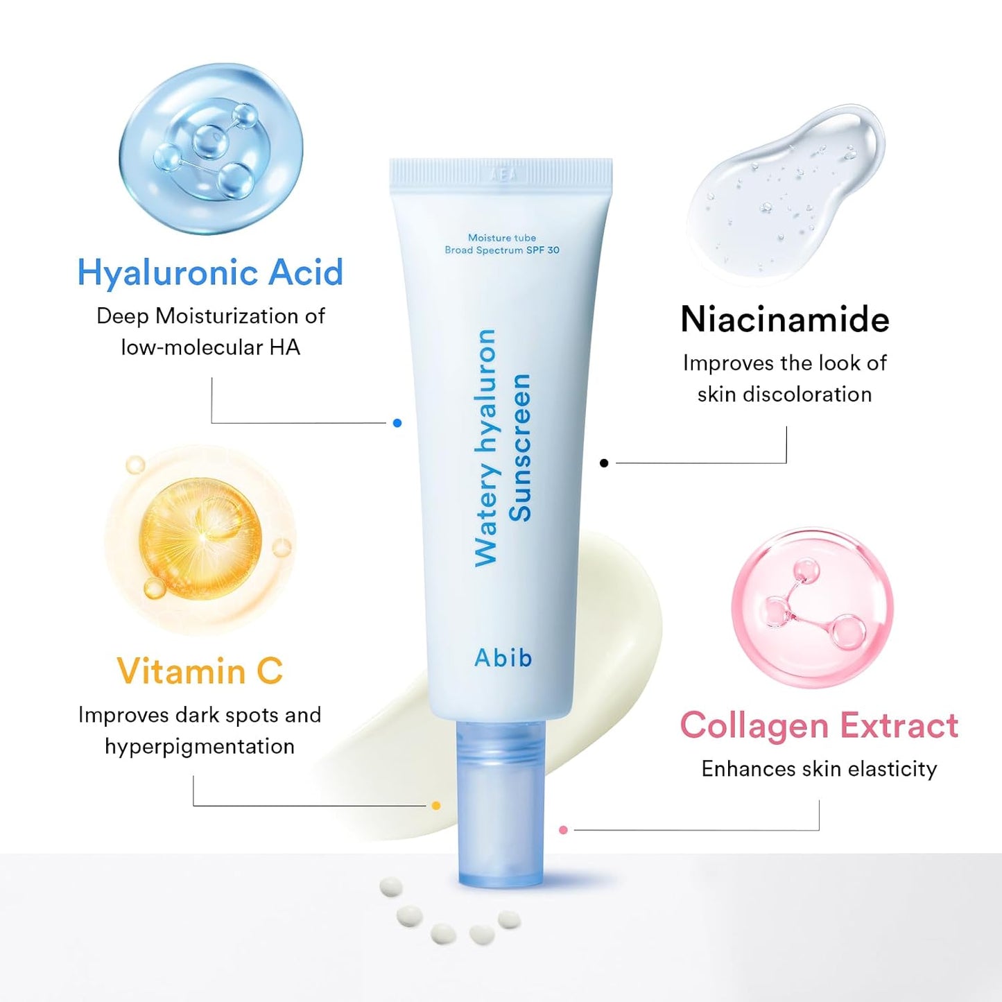 Abib Watery Hyaluron Sunscreen Moisture Tube Broad Spectrum SPF 30, Korean Sunscreen with Hyaluronic Acid, Lightweight, No White Cast, Skin Care, Niacinamide Vitamin C, Suncare