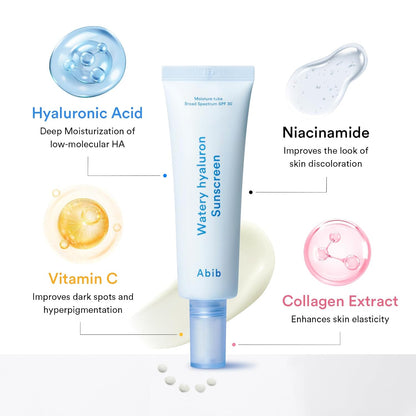 Abib Watery Hyaluron Sunscreen Moisture Tube Broad Spectrum SPF 30, Korean Sunscreen with Hyaluronic Acid, Lightweight, No White Cast, Skin Care, Niacinamide Vitamin C, Suncare