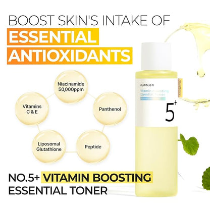 numbuzin No.5 Vitamin Boosting Essential Toner - Radiance-Boosting Vitamin Toner for Uneven & Dull Skin, Glutathione, Vitamin C, Niacinamide