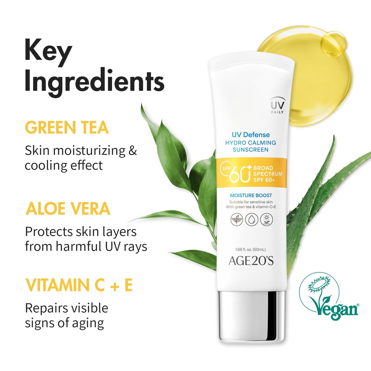 AGE20'S UV Defense Hydro Calming Sunscreen SPF 60+ | Korean Sunscreen | Moisturizing Creamy Formula, No White Cast, Lightweight Finish | Green Tea + Aloe Vera | Dermatest Excellent