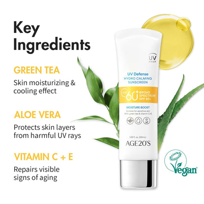 AGE20'S UV Defense Hydro Calming Sunscreen SPF 60+ | Korean Sunscreen | Moisturizing Creamy Formula, No White Cast, Lightweight Finish | Green Tea + Aloe Vera | Dermatest Excellent