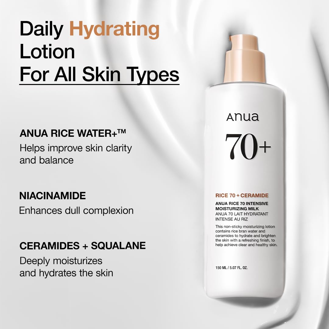 ANUA Rice 70 Intensive Moisturizing Milk, Hydrating Face Lotion, Niacinamide, Ceramides, All Skin Types, Sensitive, Skin Moisture Barrier, Lightweight Nourishing, Korean Skincare