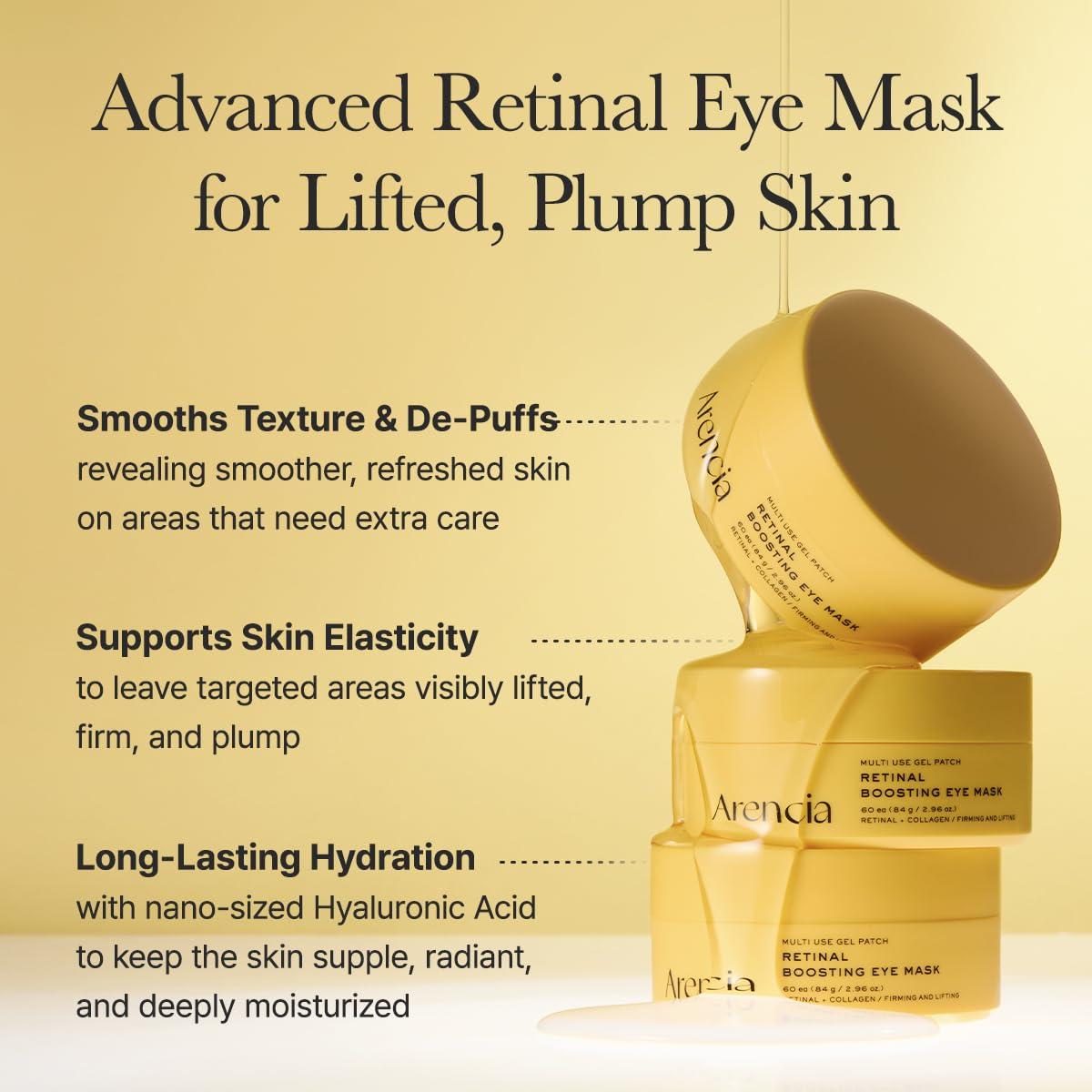 ARENCIA Retinal Boosting Eye Patch, Hydrogel Under Eye Mask with Peptides for Dark Circles, Puffiness, Fine Lines, 60 Patches