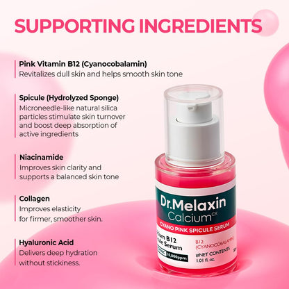 Dr.Melaxin Cyano Pink Spicule Serum with Vitamin B12, Liquid Microneedle Facial Treatment for Enlarged Pores, Niacinamide for Texture Refining & Renewal
