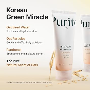 PURITO Oat Exfoliating Cleanser for Sensitive Skin, 5.07 fl.oz Daily Face Wash, Gentle Scrub Clay, Pore Minimizing Panthenol, Hydrating Oat Seed Water, Vegan & Non-Comedogenic