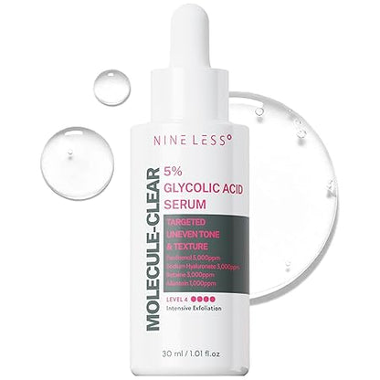 NINELESS Molecule-Clear 5% Glycolic Acid Serum - Korean Skincare AHA Exfoliating, Texture Refining - Panthenol, Sodium Hyaluronate, Allantoin - Hydrating, Soothing for Dull Rough Skin