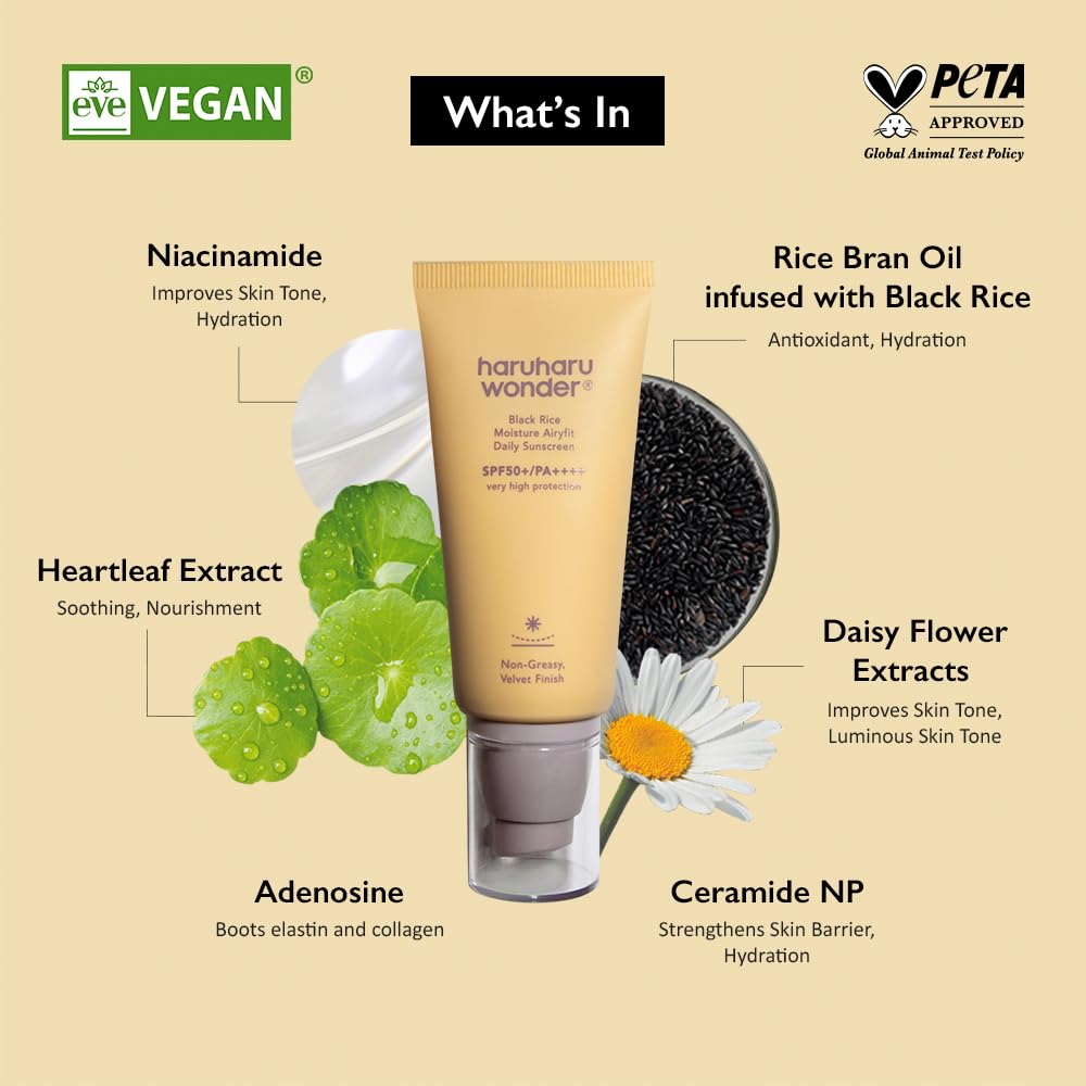 Haruharu Wonder Black Rice Moisture Airyfit Daily Sunscreen - Velvet Finish, No White Cast, Hydrating, Moisturizing, Korean Skin Care, Vegan, Clean Beauty