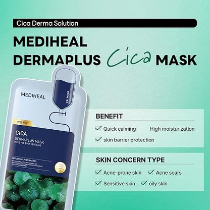MEDIHEAL Dermaplus Cica Mask-Daily Vegan Mask for Calming Skin with Panthenol & Hyaluron, Korean Self Skin Care Sheet Mask