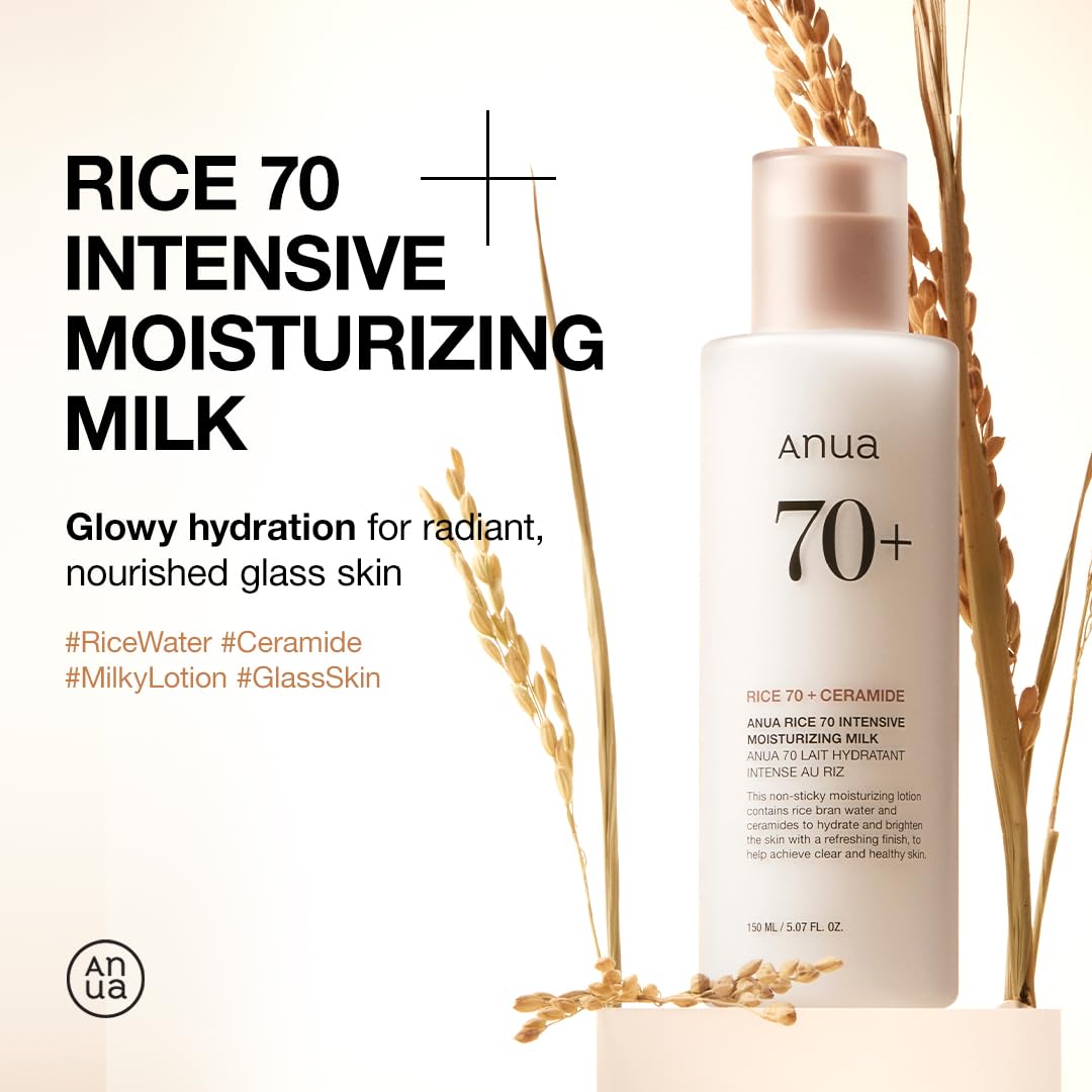 ANUA Rice 70 Intensive Moisturizing Milk, Hydrating Face Lotion, Niacinamide, Ceramides, All Skin Types, Sensitive, Skin Moisture Barrier, Lightweight Nourishing, Korean Skincare