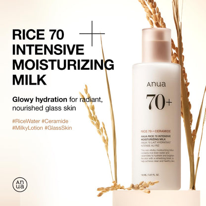 ANUA Rice 70 Intensive Moisturizing Milk, Hydrating Face Lotion, Niacinamide, Ceramides, All Skin Types, Sensitive, Skin Moisture Barrier, Lightweight Nourishing, Korean Skincare
