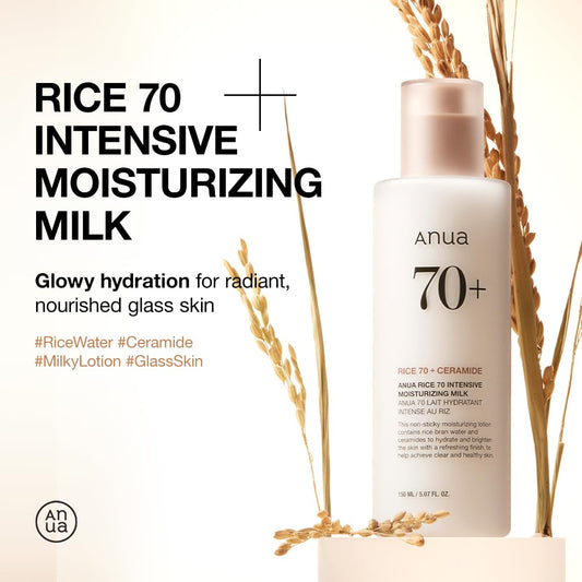 ANUA Rice 70 Intensive Moisturizing Milk, Hydrating Face Lotion, Niacinamide, Ceramides, All Skin Types, Sensitive, Skin Moisture Barrier, Lightweight Nourishing, Korean Skincare