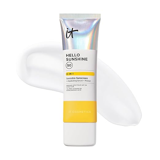 IT Cosmetics Hello Sunshine Invisible Sunscreen for Face SPF 50 - Sunscreen, Hydrating Serum & Makeup Primer - 1% Pro-Vitamin B5 & Hyaluronic Acid - HSA/FSA Eligible - No White Cast