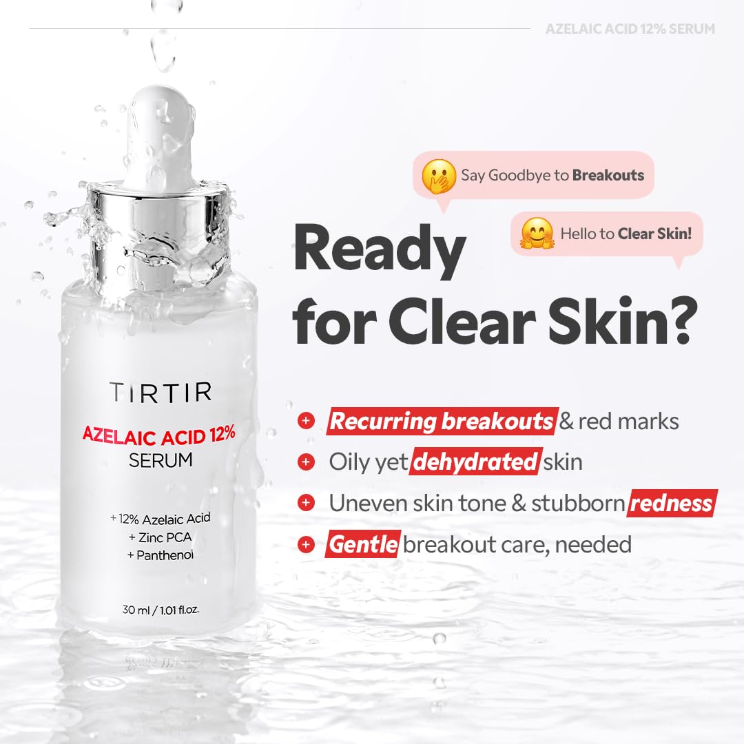 TIRTIR Azelaic Acid 12% Serum for Blemish-Prone Skin - Lightweight Hydrating Formula with Zinc PCA & Hyal-ZIP, Non-Comedogenic, Fragrance-Free