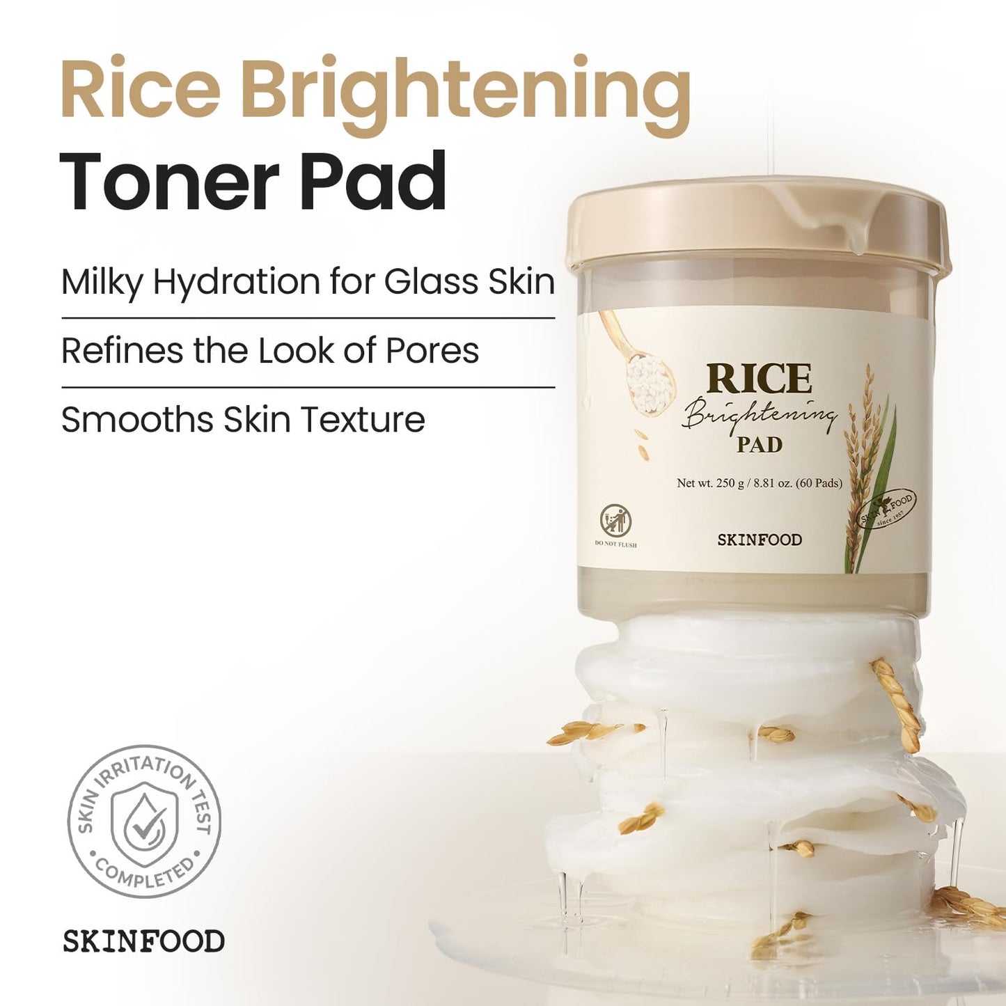 SKINFOOD Rice Brightening Toner Pad, Korean Skincare Face Toner Pads with 48 Hours Fermented Rice Water for Glow Glass Skin, Hydrating, 100% Cotton Pad, Vegan, (60 Pads)