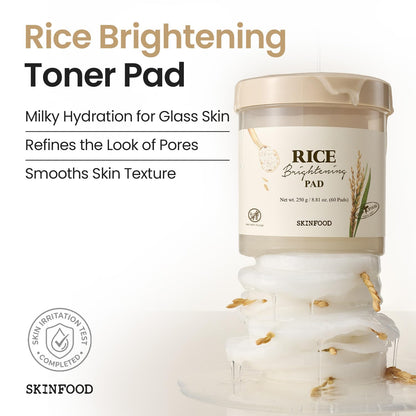 SKINFOOD Rice Brightening Toner Pad, Korean Skincare Face Toner Pads with 48 Hours Fermented Rice Water for Glow Glass Skin, Hydrating, 100% Cotton Pad, Vegan, (60 Pads)