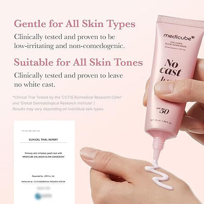 medicube No Cast Just Glow Collagen Sunscreen | SPF 50 Broad Spectrum Face Sunscreen | Lightweight, Non-Sticky, Hydrating Formula | Peptide, Cica for Soothing & Glow