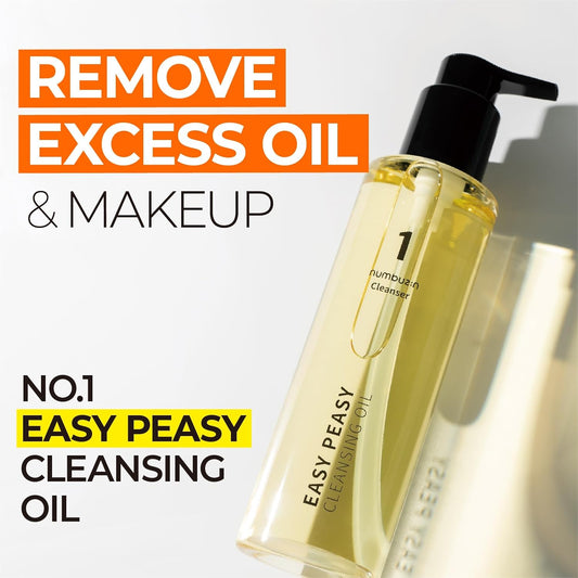 numbuzin No.1 Easy Peasy Cleansing Oil, Lightweight Makeup Remover & Facial Cleanser, Waterproof Makeup & Blackhead Care, Corn & Macadamia Seed Oil, Fragrance-Free