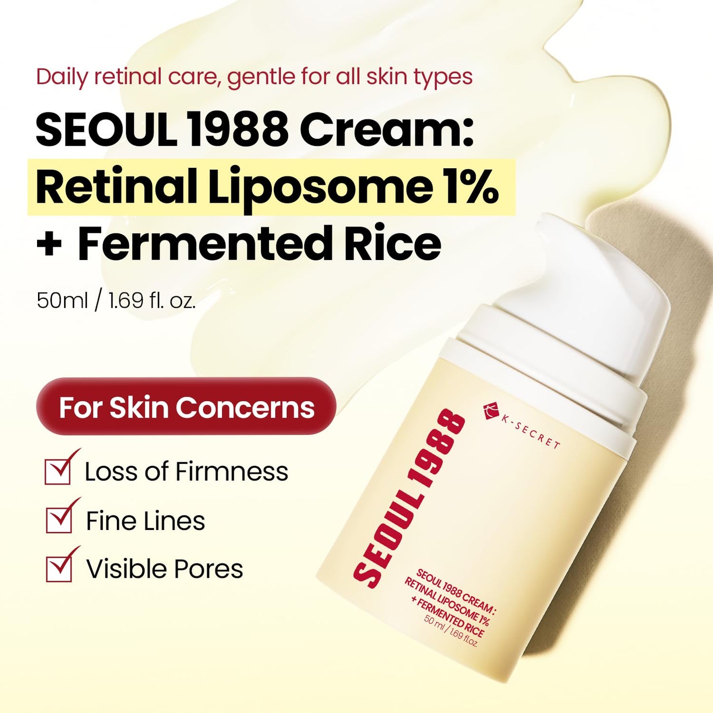 K-SECRET SEOUL 1988 Retinal Cream | Gentle Retinal Liposome 1% Formula for Sensitive Skin | Daily Fine Lines & Skin Texture Care | Niacinamide, Bakuchiol | Korean Skincare