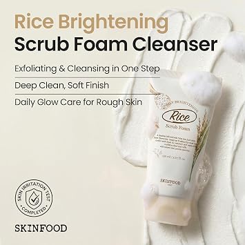 SKINFOOD Rice Daily Scrub Foam, Facial Cleanser with Face Scrub, Face Wash Fermented White Rice Bran Water, Gentle Exfoliating For Men and Women (150ml, 5.07 fl. oz.)