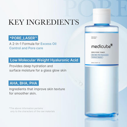 medicube Zero Pore Toner I Exfoliating & Hydrating Blue Bottle Water Toner with AHA, BHA, PHA, Niacinamide, and Panthenol | Korean Skin Care for Pores, Texture, and Moisture Care
