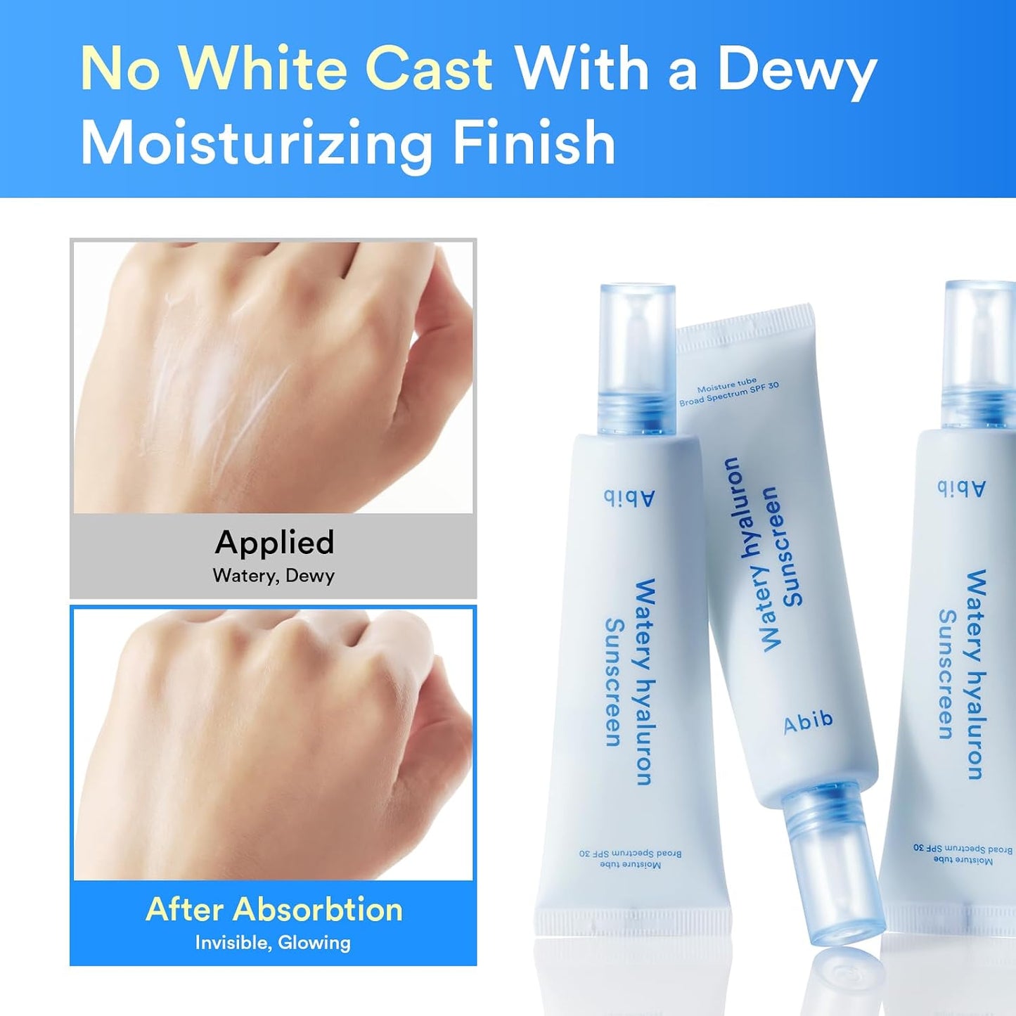 Abib Watery Hyaluron Sunscreen Moisture Tube Broad Spectrum SPF 30, Korean Sunscreen with Hyaluronic Acid, Lightweight, No White Cast, Skin Care, Niacinamide Vitamin C, Suncare