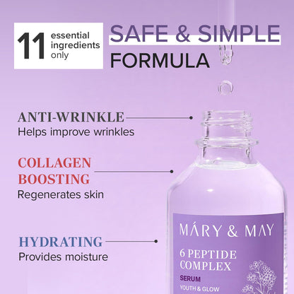 Mary&May 6 Peptide Complex Serum - Korean Anti-Aging Face Treatment for Wrinkle Reduction, Skin Firmness & Hydration, EWG Verified, Fragrance Free