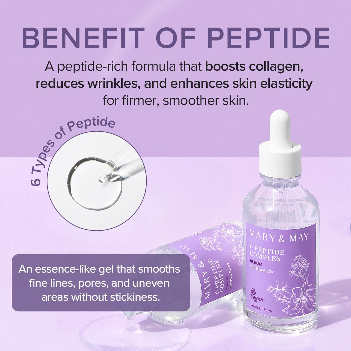 Mary&May 6 Peptide Complex Serum - Korean Anti-Aging Face Treatment for Wrinkle Reduction, Skin Firmness & Hydration, EWG Verified, Fragrance Free