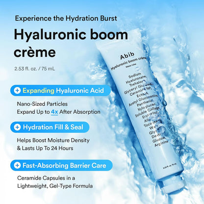 Abib Hyaluronic Boom Crème Water Tube, Expanding Nano-Sized Hyaluronic Acid Particles 4x, Deep Hydration Plumping Cream, Ceramide NP, Sensitive Skin, Korean Skin Care