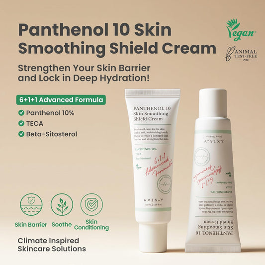 AXIS-Y Panthenol 10 Skin Smoothing Shield Cream - Daily Facial Moisturizer Barrier Cream for Long Lasting Hydration & Soothing - Vegan Korean Skin Care Face Lotion