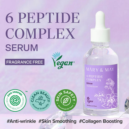 Mary&May 6 Peptide Complex Serum - Korean Anti-Aging Face Treatment for Wrinkle Reduction, Skin Firmness & Hydration, EWG Verified, Fragrance Free