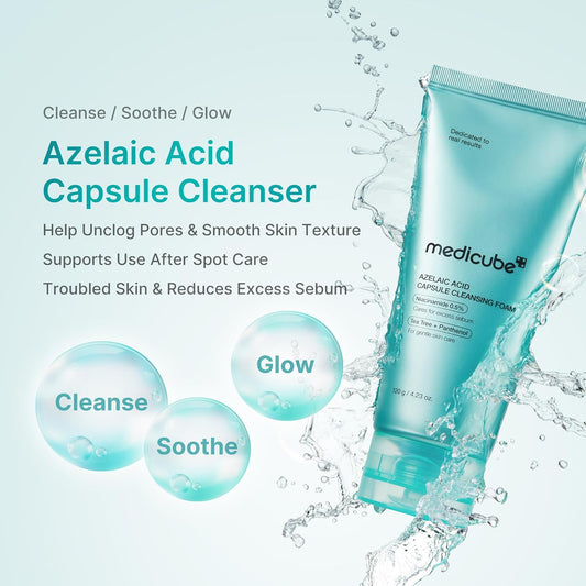 medicube Facial Cleanser Azelaic Acid Capsule Foam Cleanser - Soothing Daily Cleansing Foam For Troubled Skin & Excess Sebum Control, Uneven Skin with Niacinamide, Glycerin, Korean Skincare