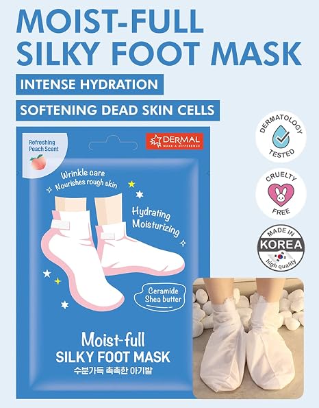 DERMAL Moistfull Silky Foot Mask (1 Mask)  -Hydrating Foot Mask Socks for Dry Cracked Feet, Toes, and Callus - Ceramide, Shea Butter - Repair Rough Heels - Refreshing Peach Scent (Non-Peel)