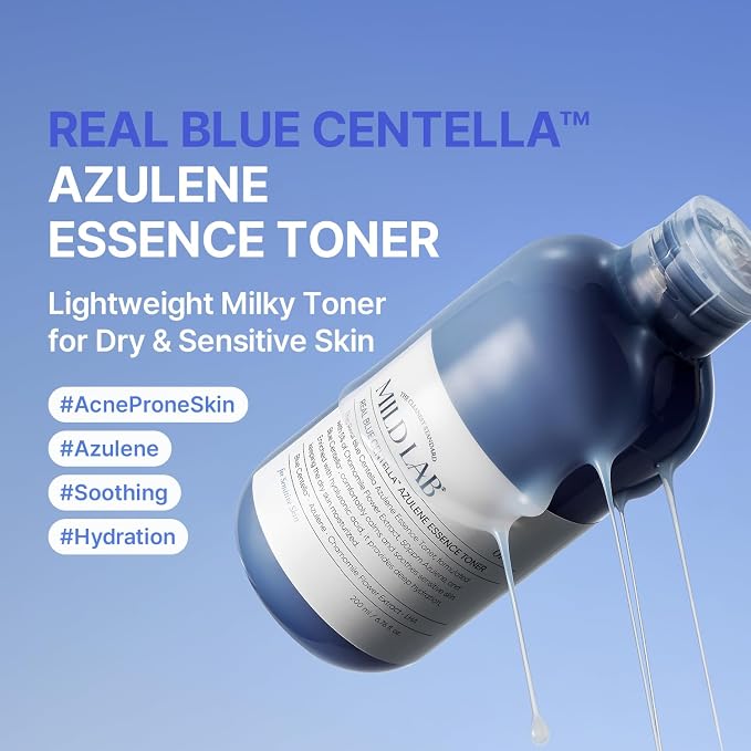 Mild Lab Real Blue Centella Azulene Essence Toner - Lightweight Moisturizer for Dry & Sensitive Skin with Azulene, Centella, 10-Hyaluronic Acid Complex